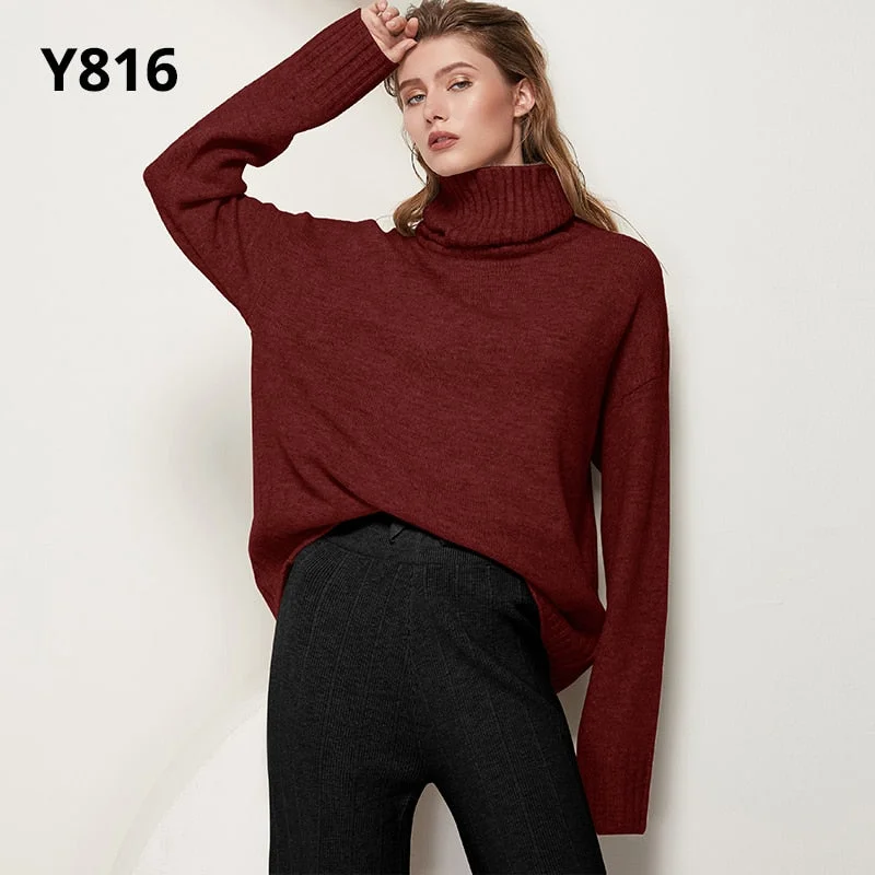 Aachoae Autumn Winter Women Knitted Turtleneck Wool Sweaters 2021 Casual Basic Pullover Jumper Batwing Long Sleeve Loose Tops