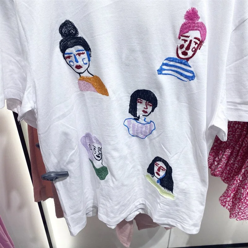 2021 Summer Fashion Girls Embroidery T-shirt Women O-Neck Short Sleeve Tees Female Casual Tops