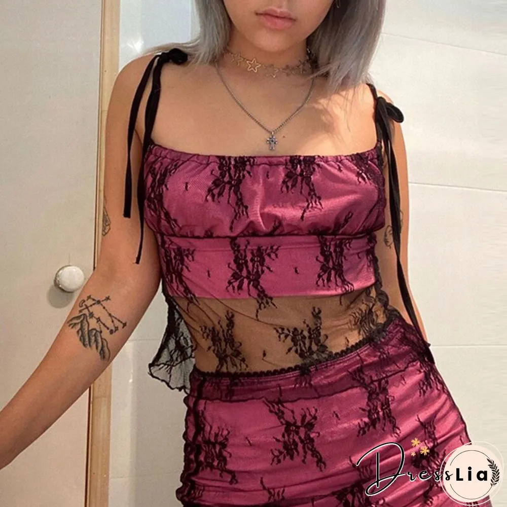 Women Vest Goth Punk Style Print Double Sides Tie Straps Square Neck Design Crop Tops Aesthetic Lace Tshirts