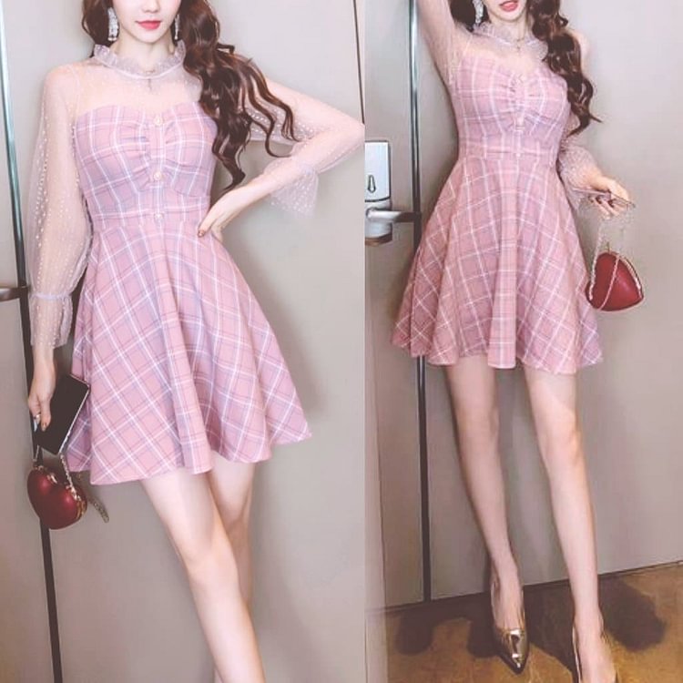 Pink Cute Mesh Stitching Plaid Retro Dress SP13363