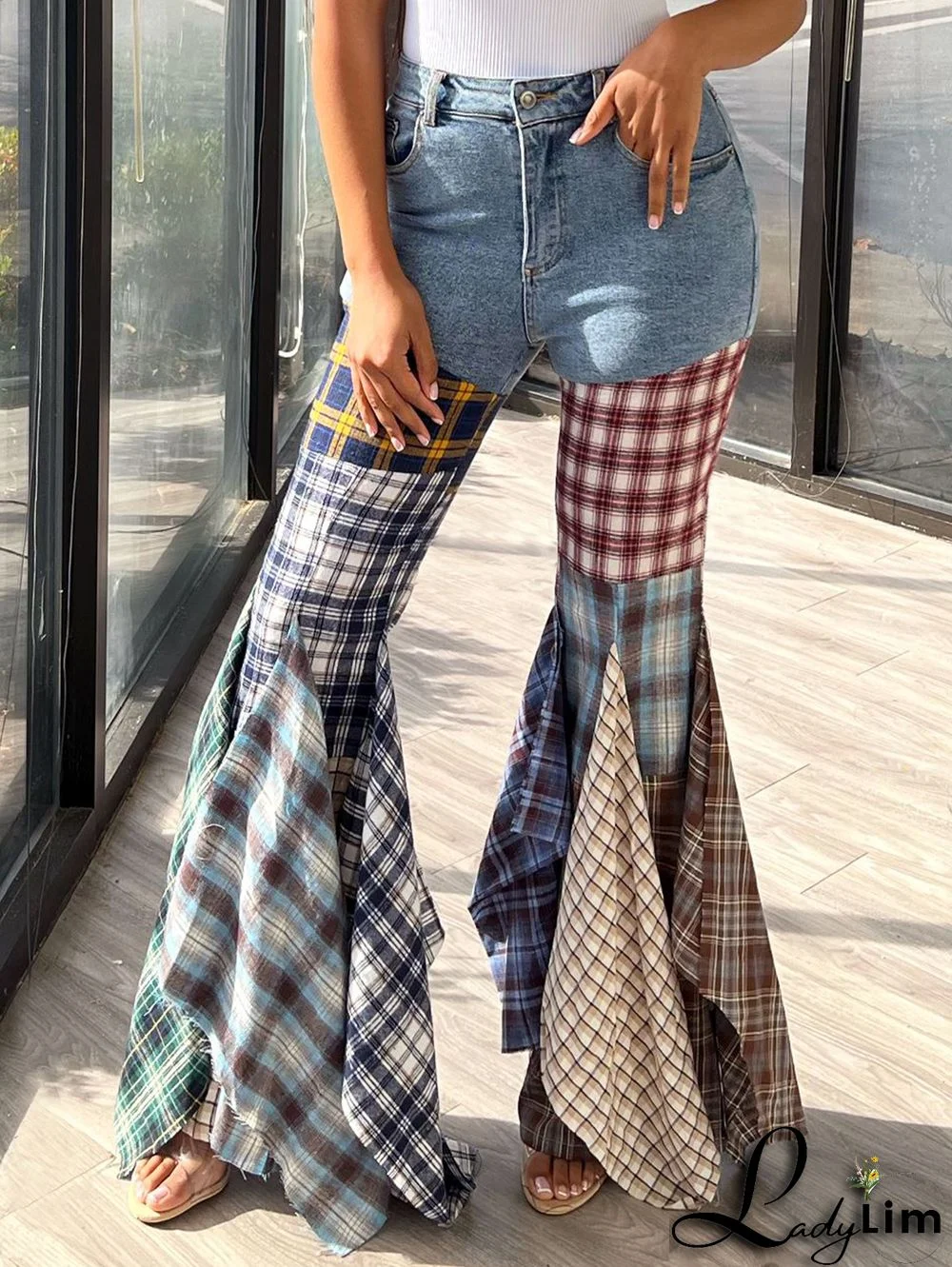 Fashion Plaid Patchwork Denim High Waisted Flared Pants