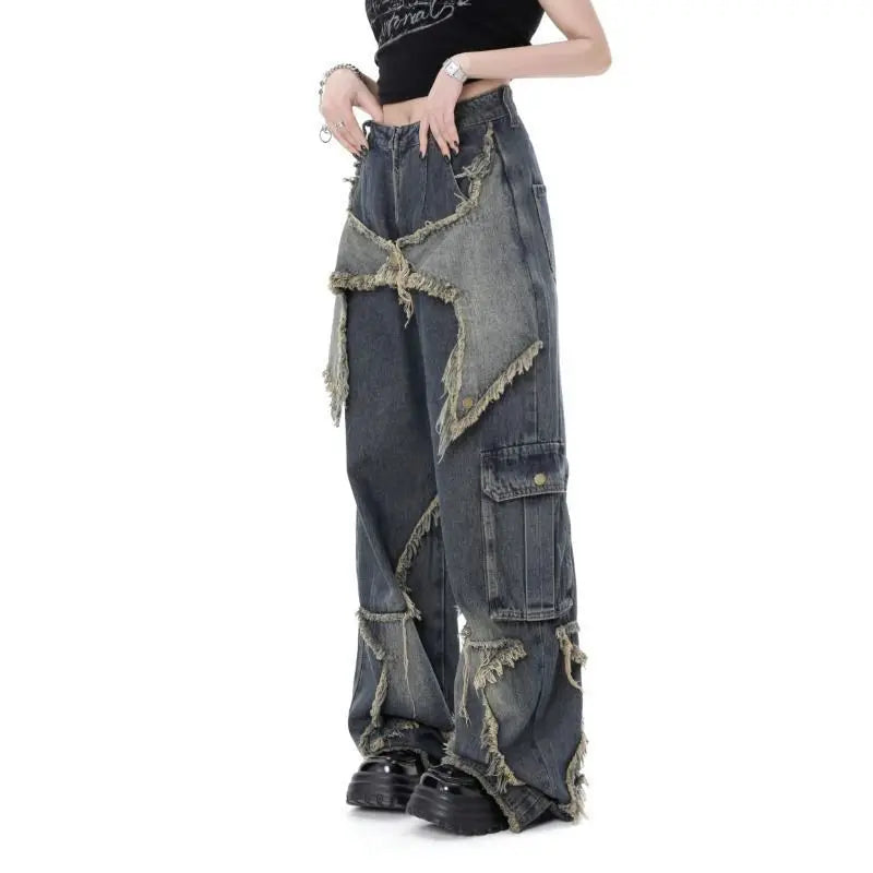 Aiertu  Vintage Women High Waist Jeans Streetwear Ripped Female Wide Leg Pant American Style Casual Tassel Straight Denim Trousers Aiertu