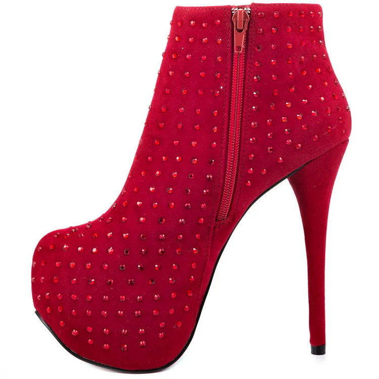 Red Rhinestone Fashion Boots Stiletto Heel Platform Zip Ankle Boots Vdcoo