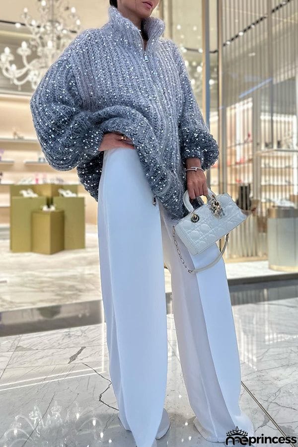 Warm Shining Heart Knit Sequin Balloon Sleeve Zipper Neck Loose Cardigan