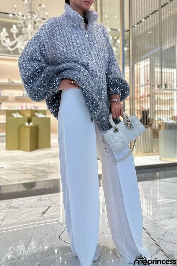 Warm Shining Heart Knit Sequin Balloon Sleeve Zipper Neck Loose Cardigan