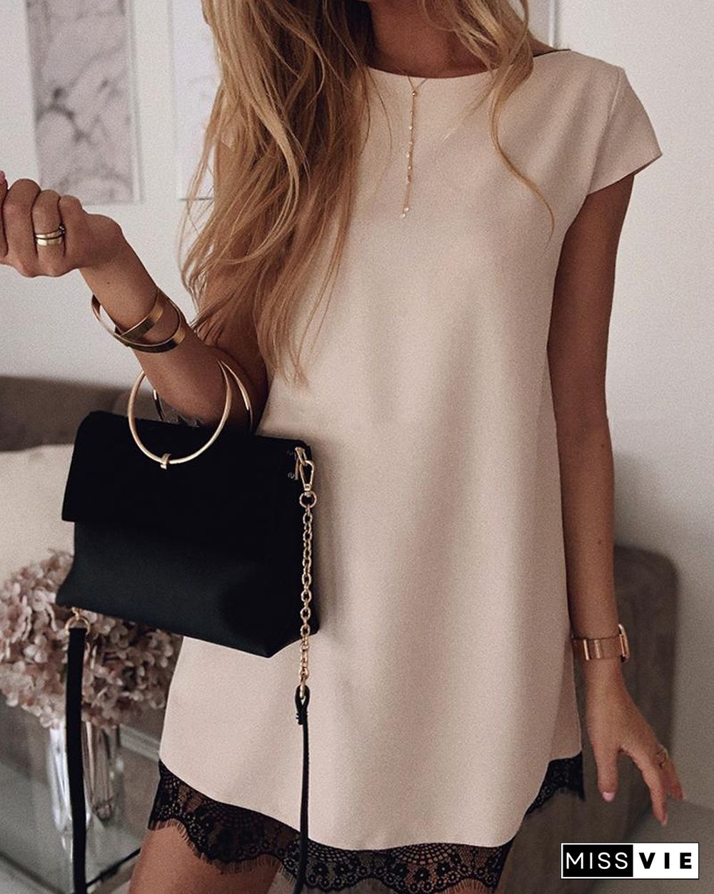 Solid Short Sleeve Lace Patchwork Mini Dress P15271