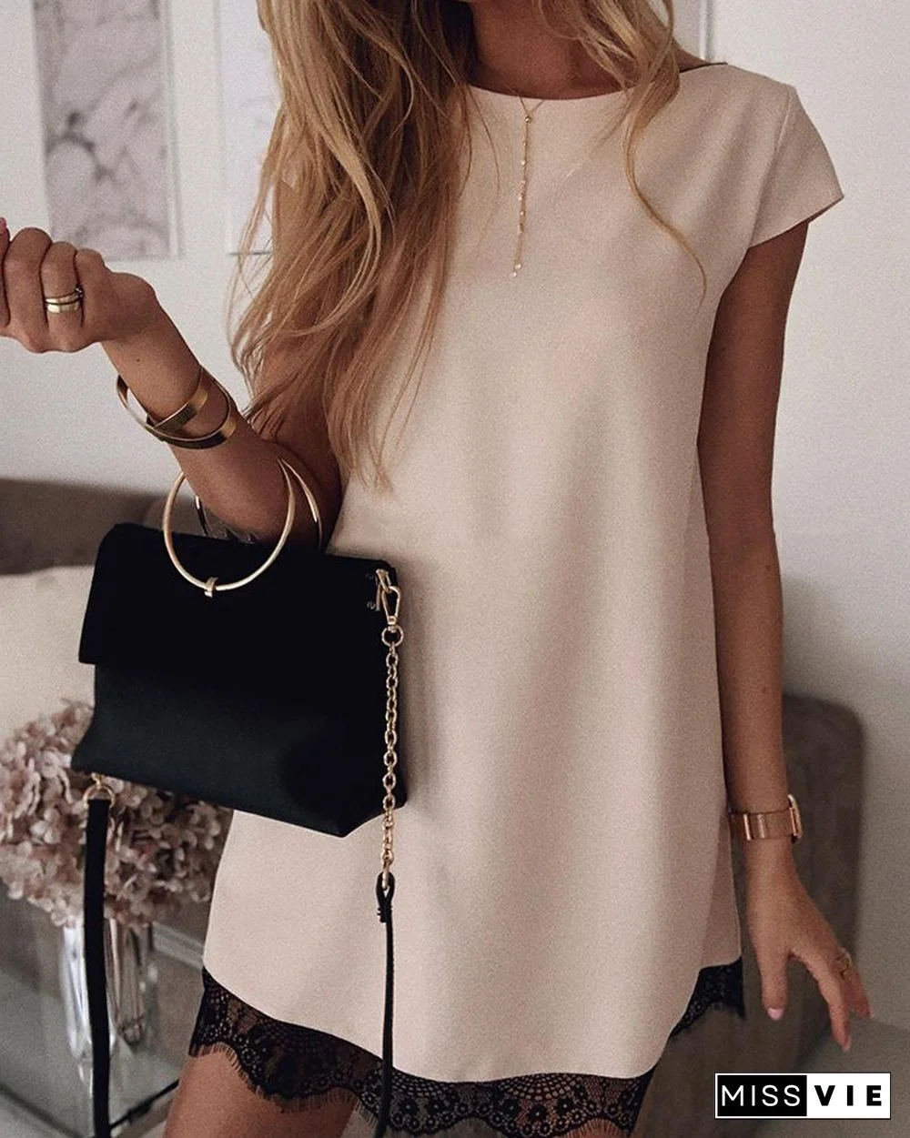 Solid Short Sleeve Lace Patchwork Mini Dress P15271