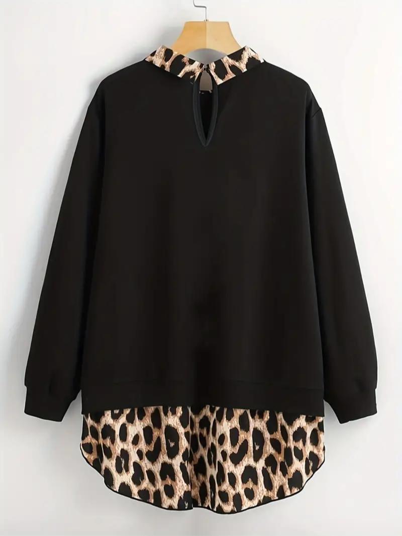 【Plus Size】 Leopard Print Curved Hem Pullover Sweatshirt, Casual Long Sleeve Sweatshirt for Fall & Winter, Women's Clothing for Daily Wear 【Plus Size】 Leopard Print Curved Hem Pullover Sweatshirt, Casual Long Sleeve Sweatshirt for Fall & Winter, Women's Clothing for Daily Wear
