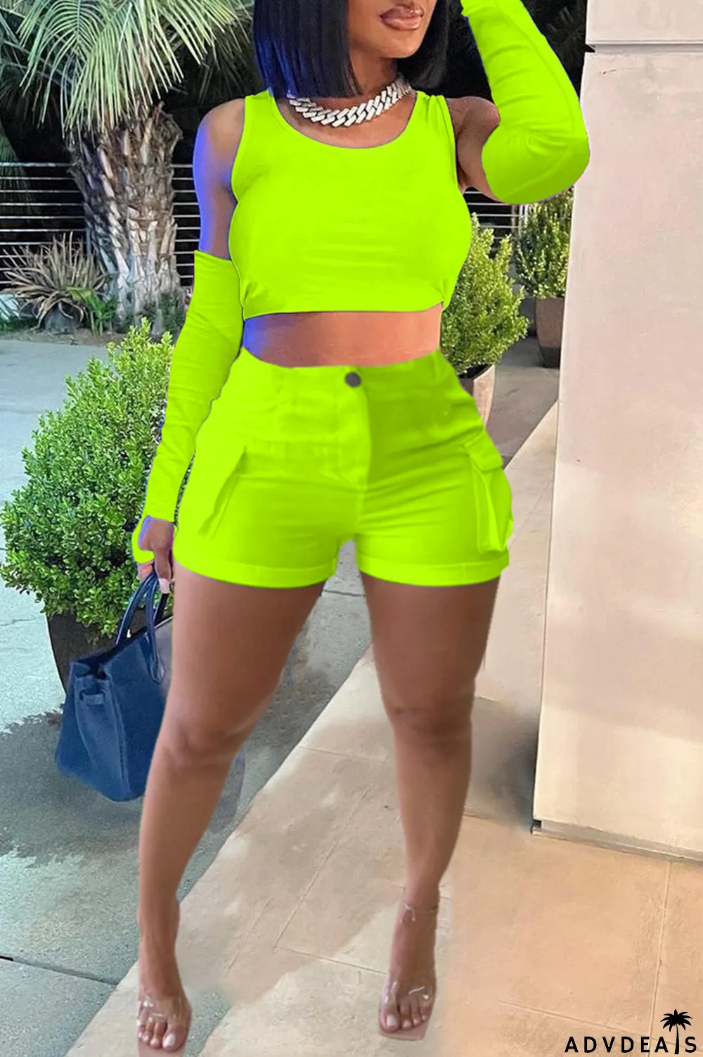 Khaki Casual Solid Basic O Neck Four Piece Set (With Sleeves)