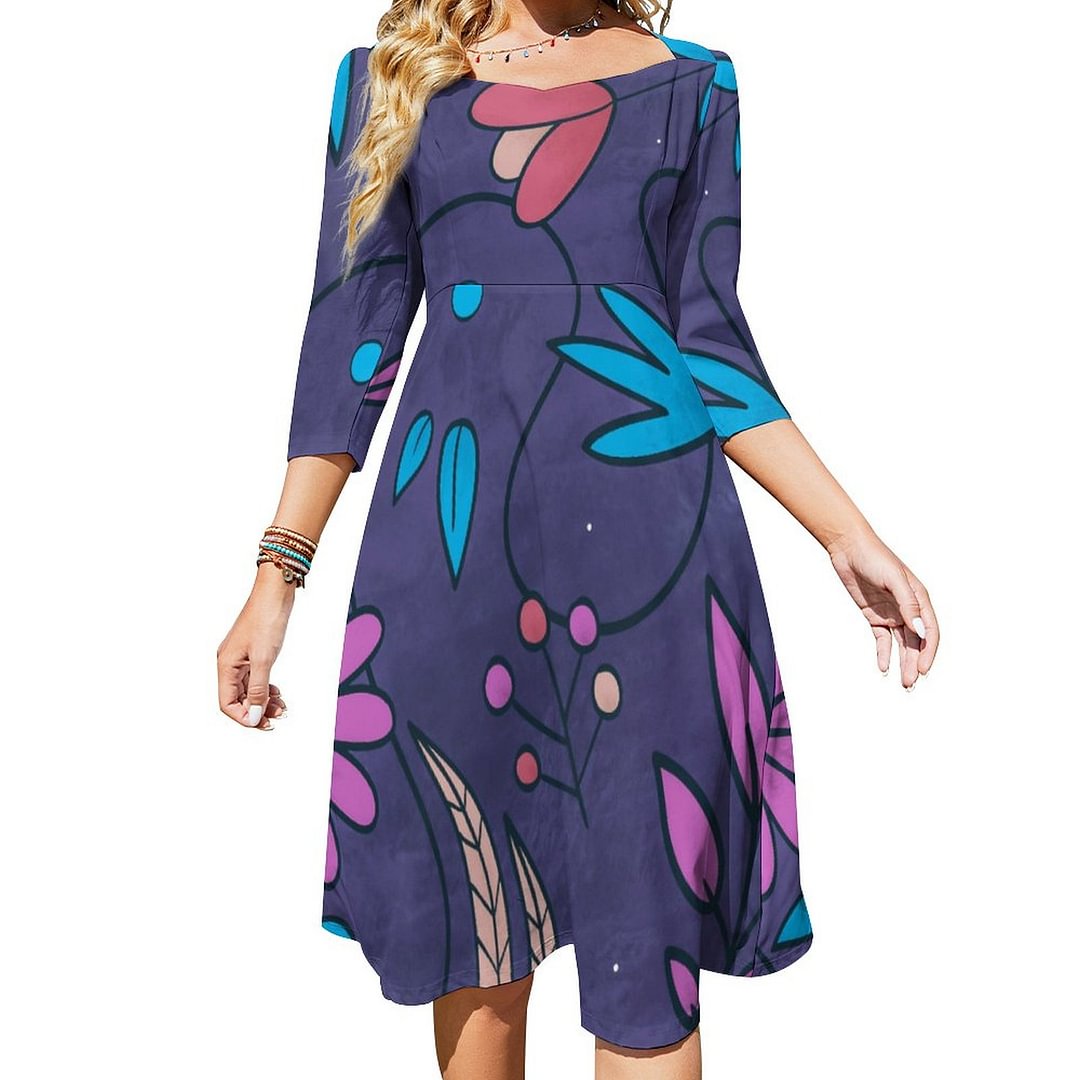 Cute Floral Pattern Purple Grunge Background Dress Sweetheart Tie Back Flared 3/4 Sleeve Midi Dresses