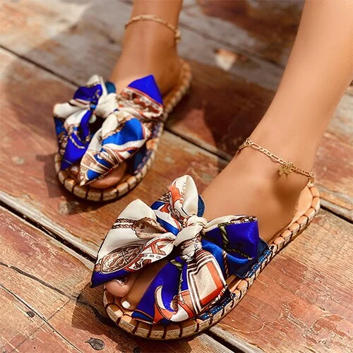 2021 Women Bow Slippers Female Sewing Hemp Platform Flat Ladies Summer Beach Shoes Women's Casual Open Toe Slides Plus Size