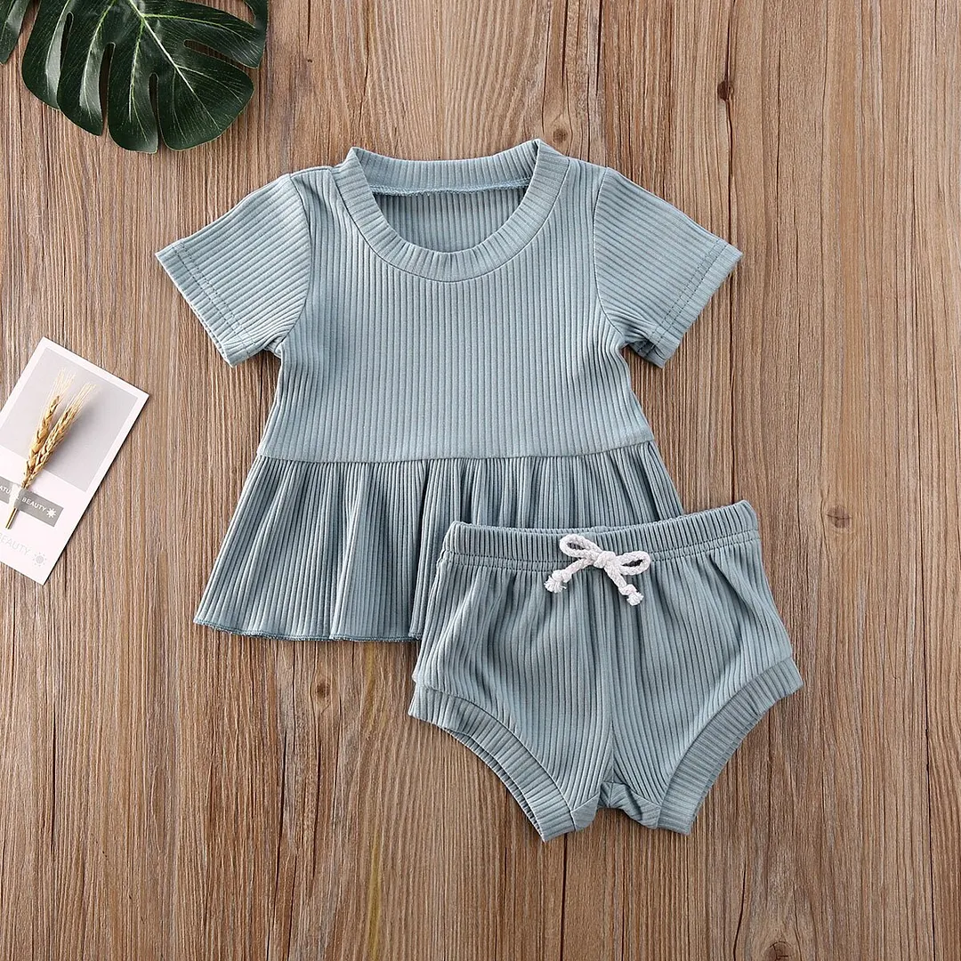 2020 Baby Summer Clothing Infant Newborn Baby Girls 2Pcs Set Ribbed Outfits Short Sleeve Shirt Dress Tops Shorts Bottoms Outfit
