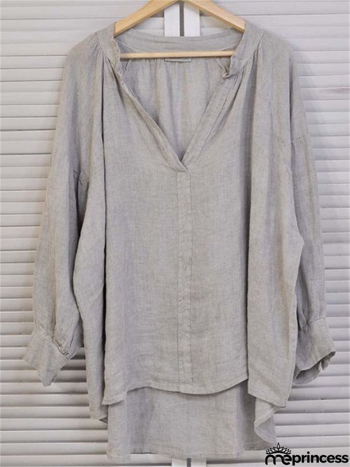Women's Loose Pullover Style Solid Color V-Neck Blouse