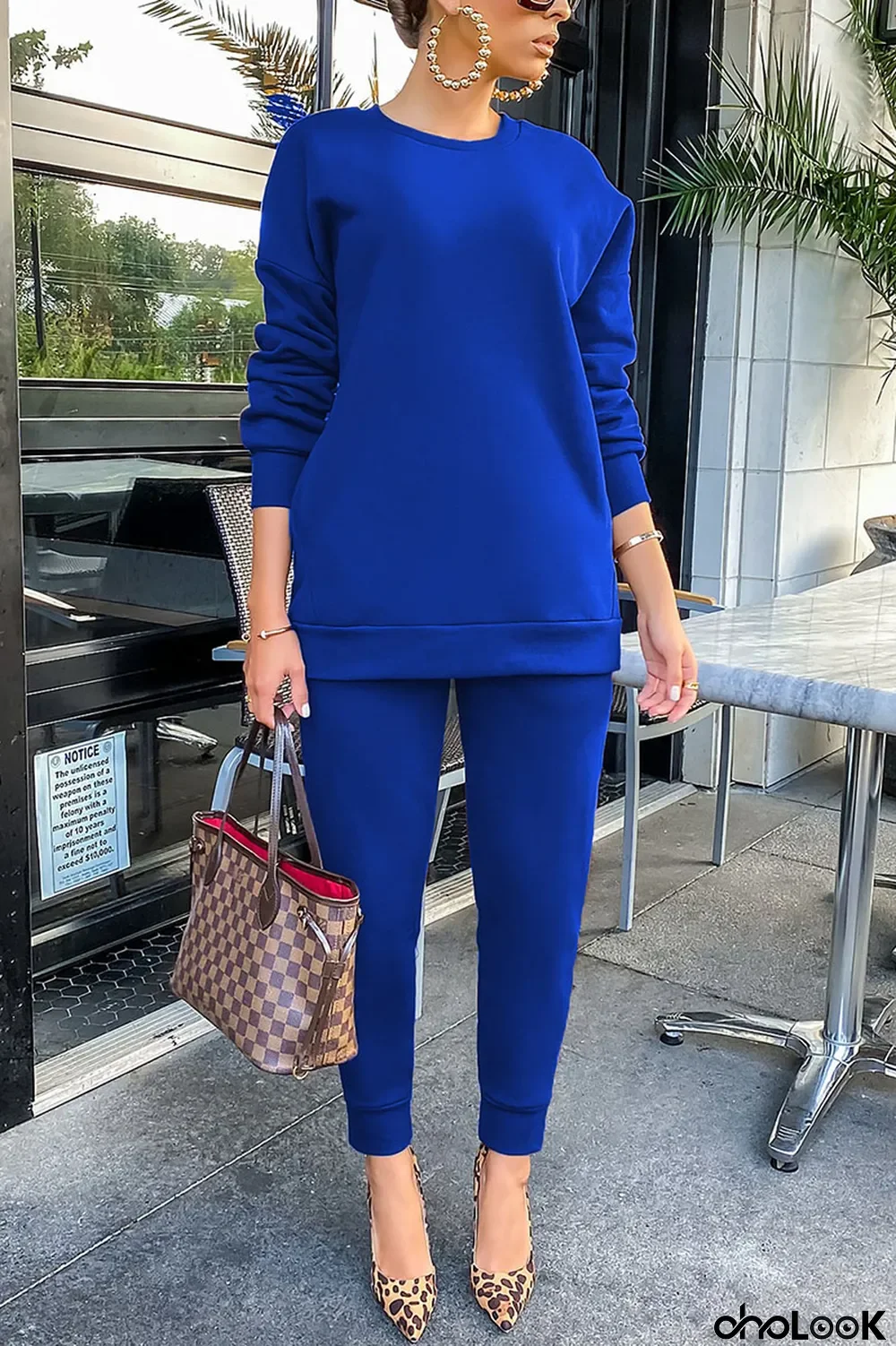 Blue Work Daily Solid O Neck Long Sleeve Two Pieces