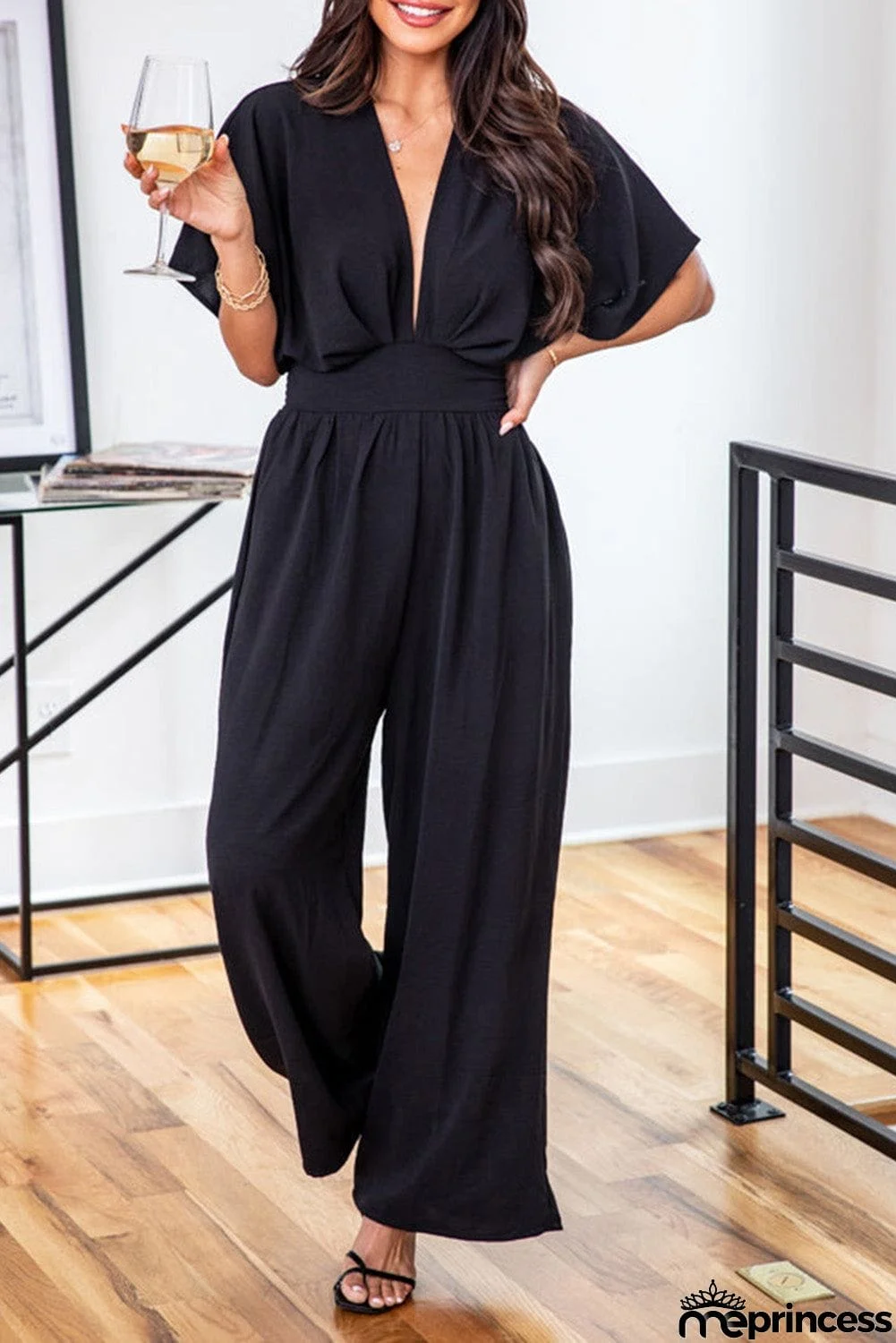 Deep V Neck High Waist Wide Leg Jumpsuit