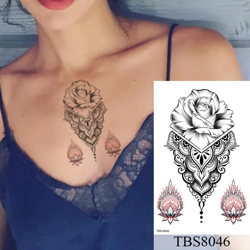 Waterproof Temporary Tattoo Sticker Flower Peony Rose Sketches Flash Tattoos Black Henna Body Art Arm Fake Tatoo Women Men