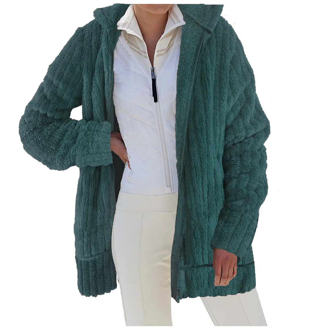 Churchf Churchf Autumn / Winter Warm Plush Pure Color Zipper Pocket Hooded Loose Coat Female