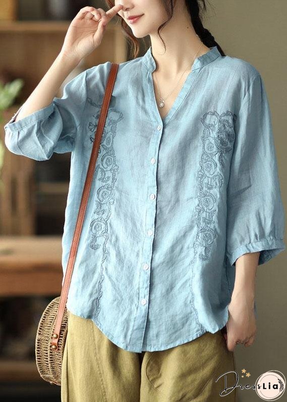 French yellow flower Embroidered V Neck Ramie Blouse Top Summer