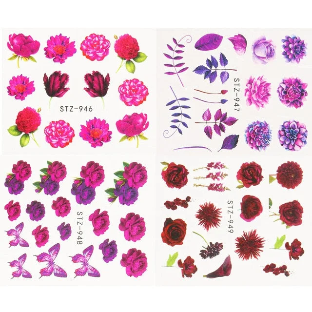 Nail Stickers Water Transfer Spring Summer Multiple Colors Flowers Designs 4Pcs/Set Nail Decal Decoration Tips For Beauty Salons-Nail Inspo