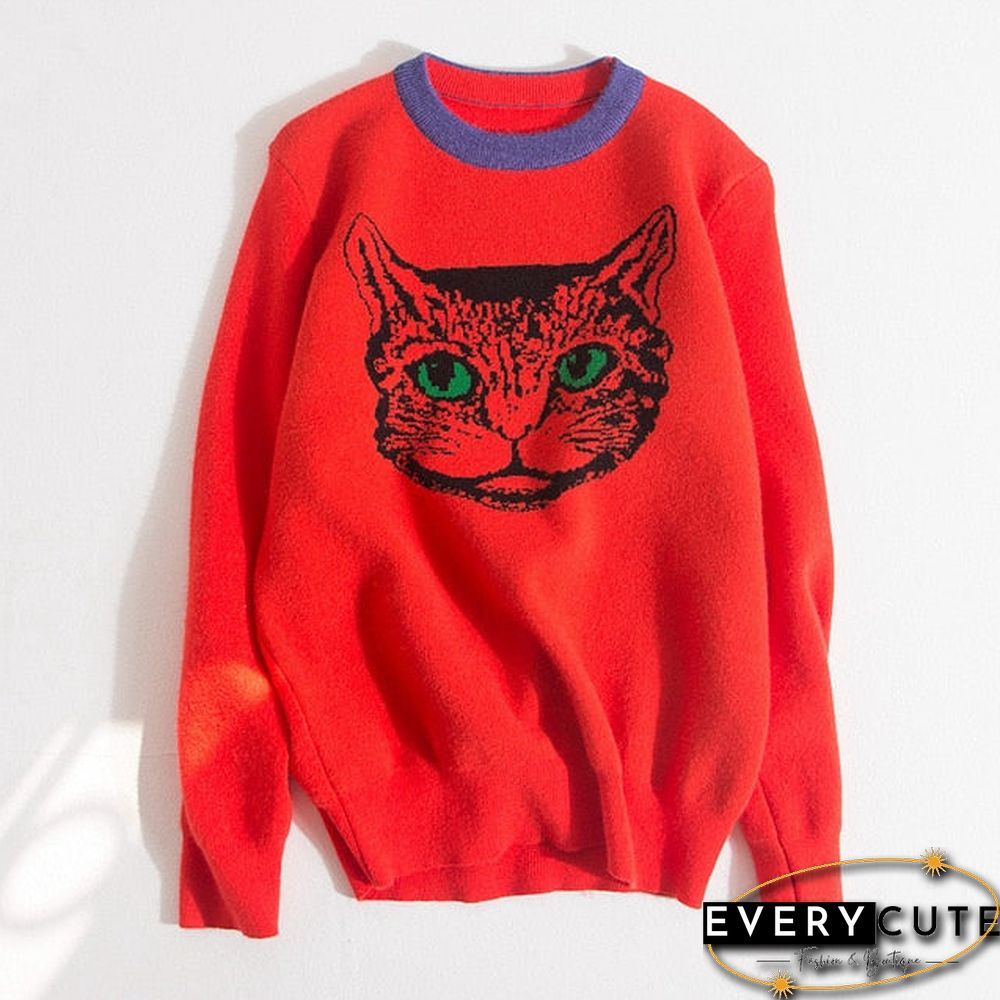 High Quality Runway Designer Cat Print Knitted Sweaters Pullovers Women Autumn Winter Long