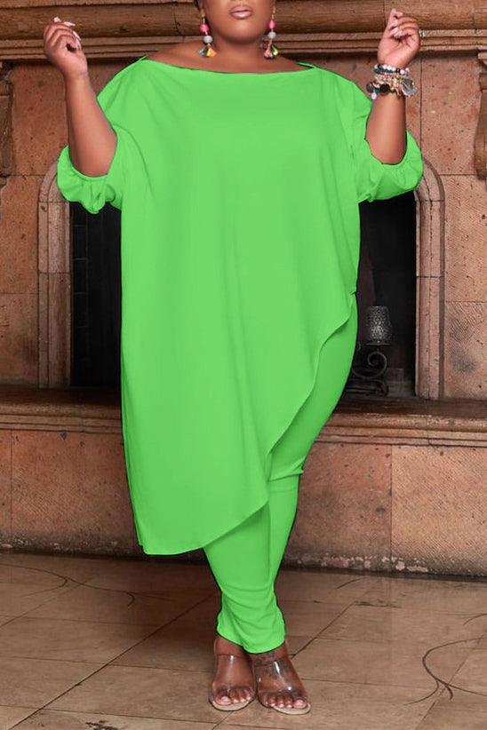 Xpluswear Plus Size Set Loose Green Two-piece Diagonal Shoulder Pant Set