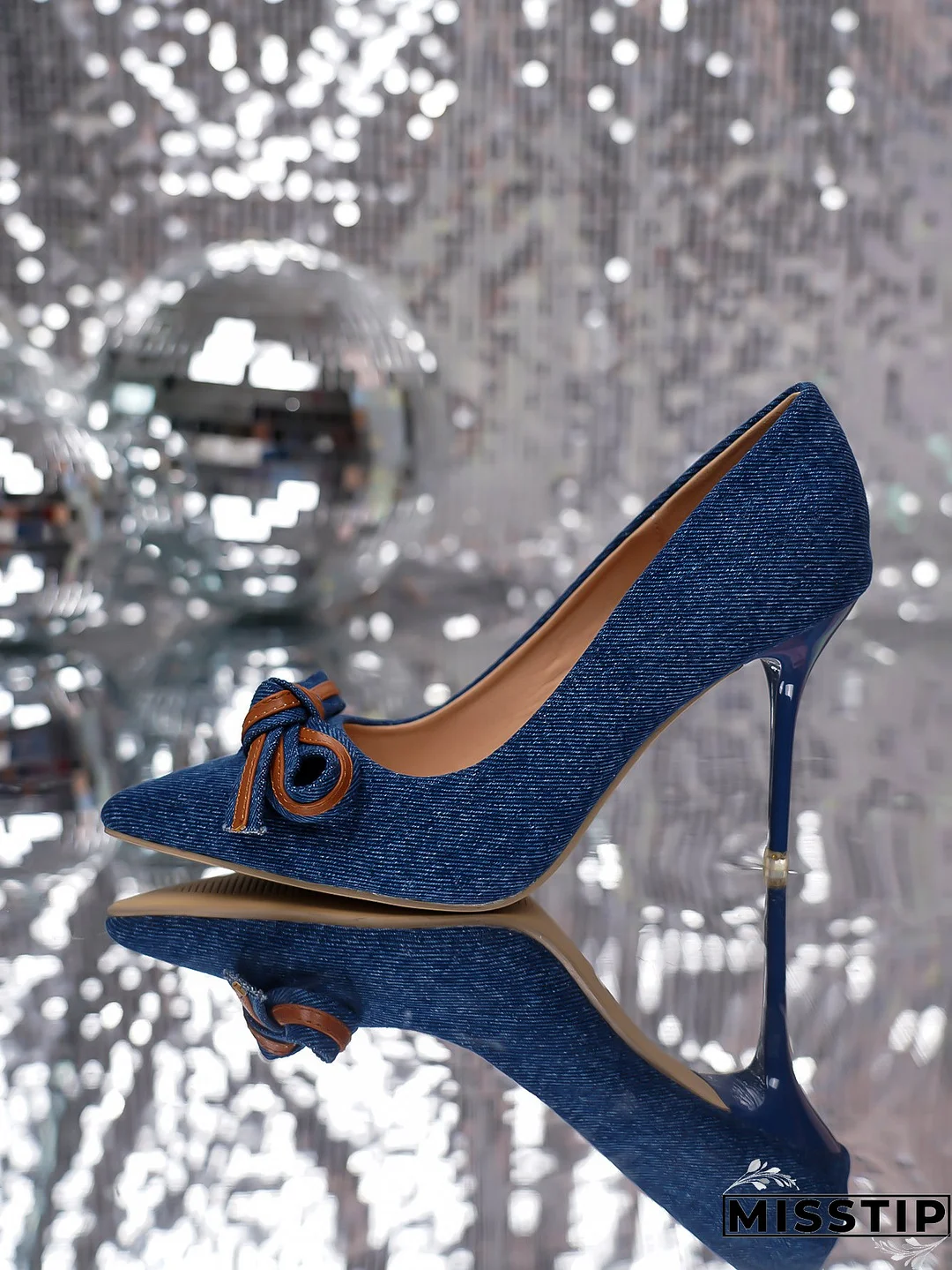 Women denim bow stiletto heels