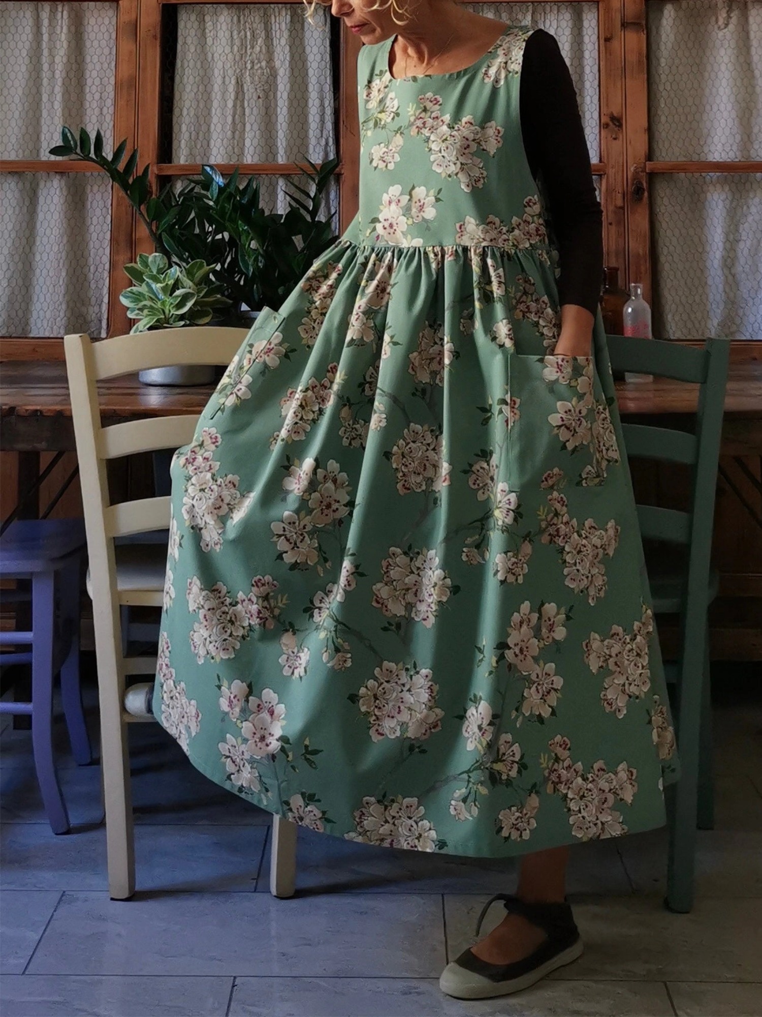 Green Apron with Peach Blossoms