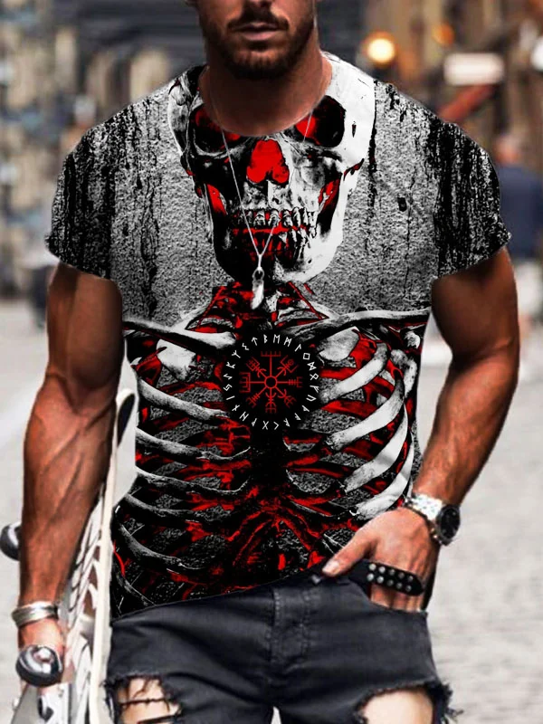 BrosWear Men's Viking Skull Man Skeleton Flame T Shirt