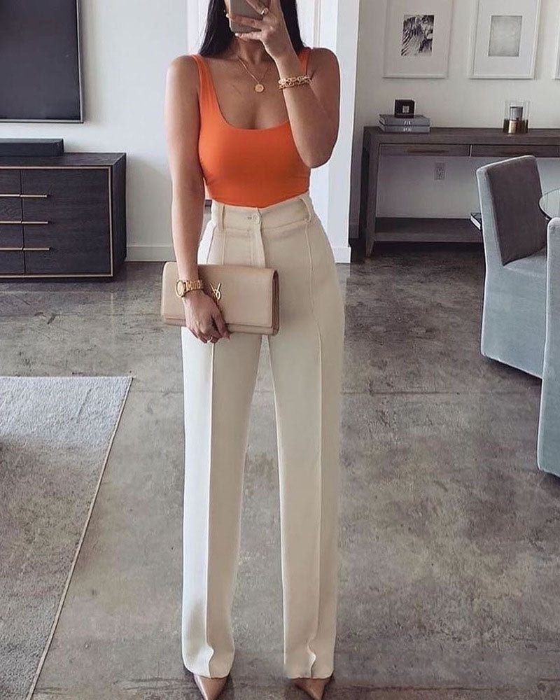 Casual Solid Tank Top & Straight Pants Two Piece Set