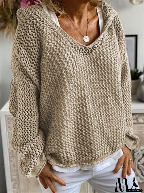 MidiSono - Openwork Hooded Long Sleeve Sweater