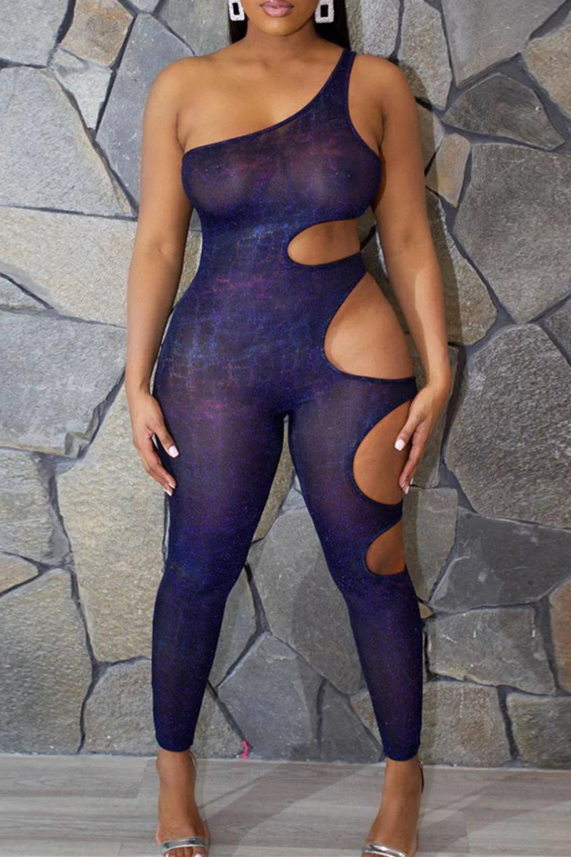 Fashion Sexy Solid Hollowed Out See-through Backless One Shoulder Skinny Jumpsuits