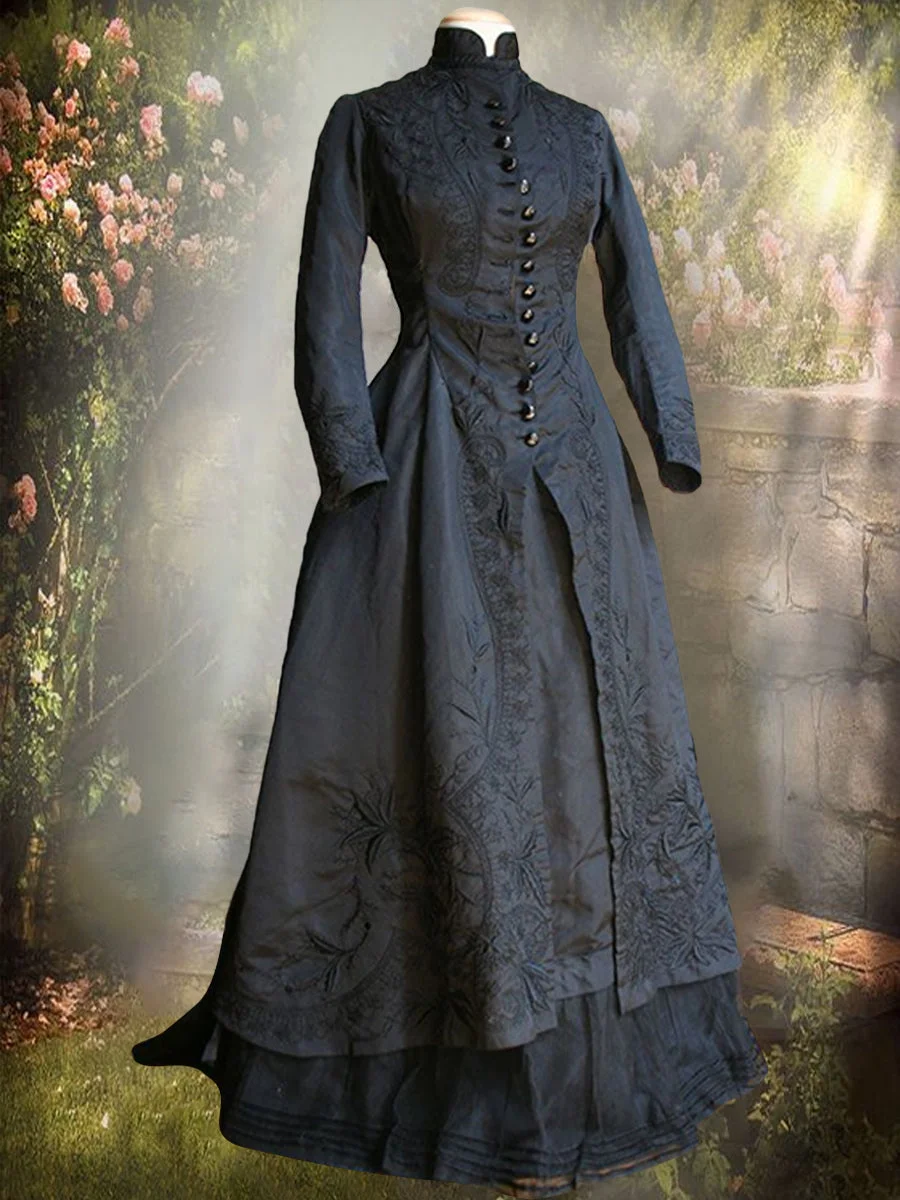 Round Neck Elegant Embroidery Pleated Vintage Dress