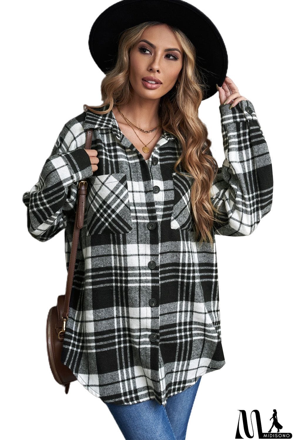 MidiSono - Plaid Boyfriend Shirt Coat