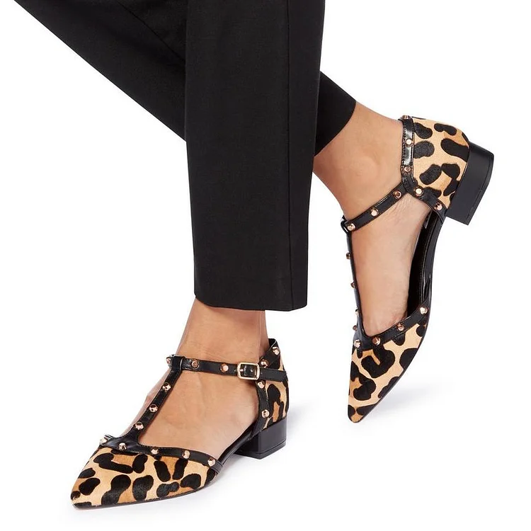Women's Leopard Print Heels Chunky Heels T Strap Pumps with Rivets |FSJ Shoes