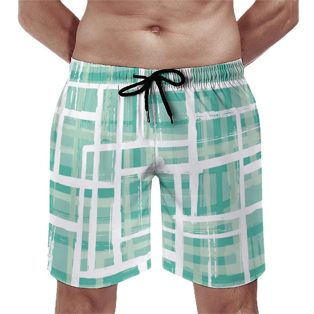 Aqua Blue Mid Century Bauhaus Teal Geometric Men's Swim Trunks Summer Board Shorts Quick Dry Beach Short with Pockets