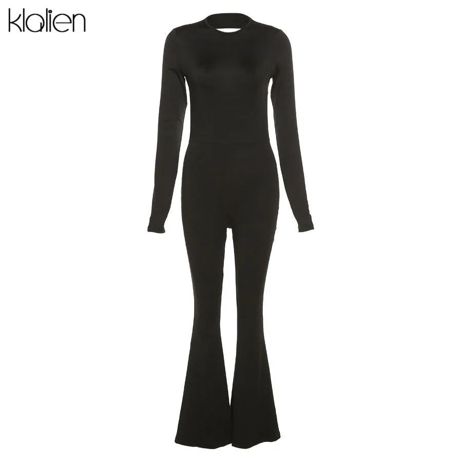 KLALIEN Fashion Sexy Hollow Out Backless Long Sleeve Flare Pants Jumpsuit For Women Autumn New Solid Black Skinny Romper Female