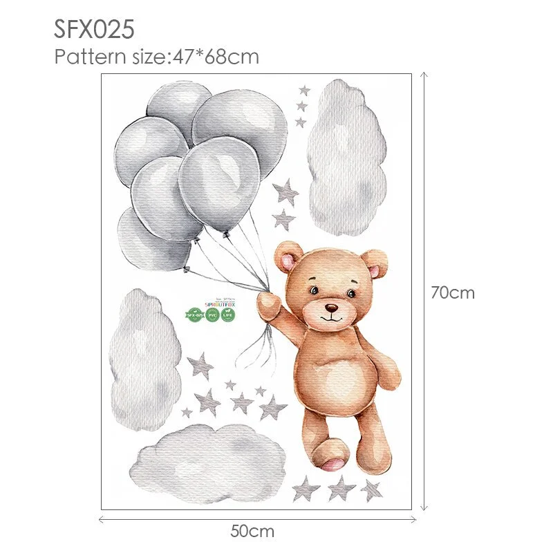 Lovely Bear with Ballon Bedroom Wall Stickers for Kids Rooms Girls Nursery Decoration Cloud Stars Viny Mural Stickers