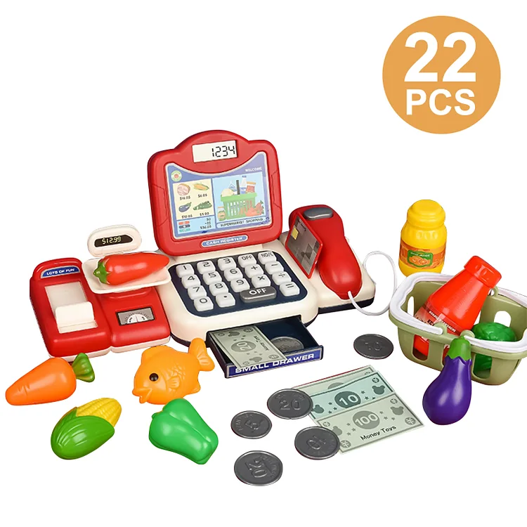 Toy Cash Registers for Kids, Pretend Play Toys with Scanner, Play Money, Calculator, Credit Card Reader, Great Grocery Pre-School Gift for Boys & Girls, for Children from 3 Years, Red