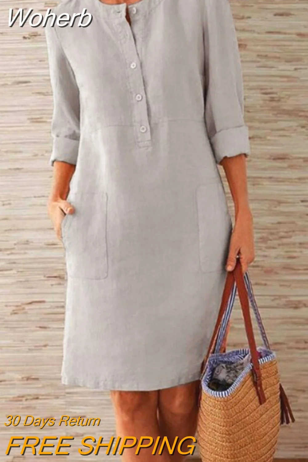 Woherb Dress Spring Solid Color Casual Round Neck Long-sleeved Dress Cheap Casual Women's Dresses Loose Elegant Ladies Clothes 715-1-Outfit Ideas