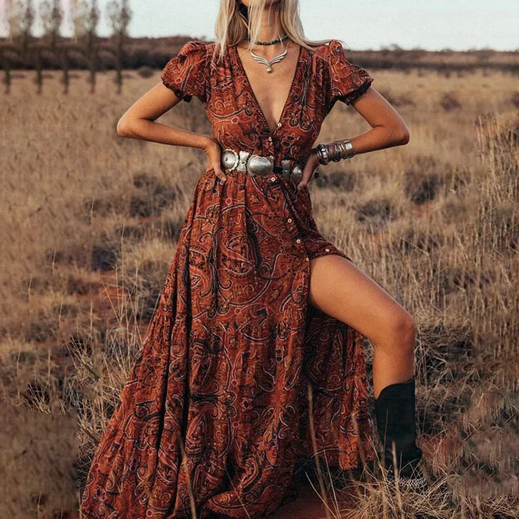 Bohemian V-neck Print Dress