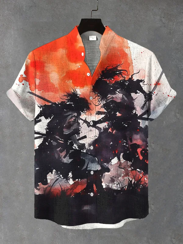Men's Sunset Samurai Duel Ink Art Print Short Sleeve Shirt