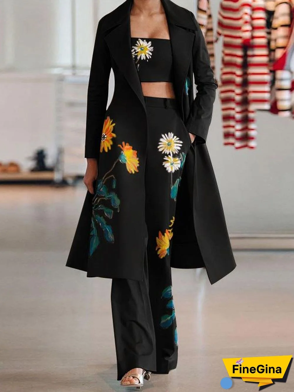 Women's Sets Three-Piece Long Printed Tube Top Trousers Trench Coat