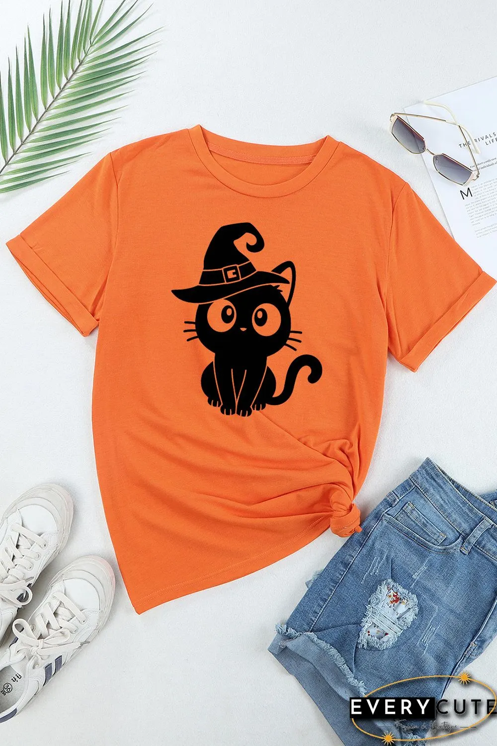 Orange Black Cat Graphic Print Short Sleeve T Shirt