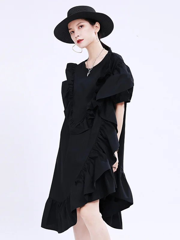 Original Irregular Pure Color Split-Joint Falbala Round-Neck Short Sleeves Midi Dress