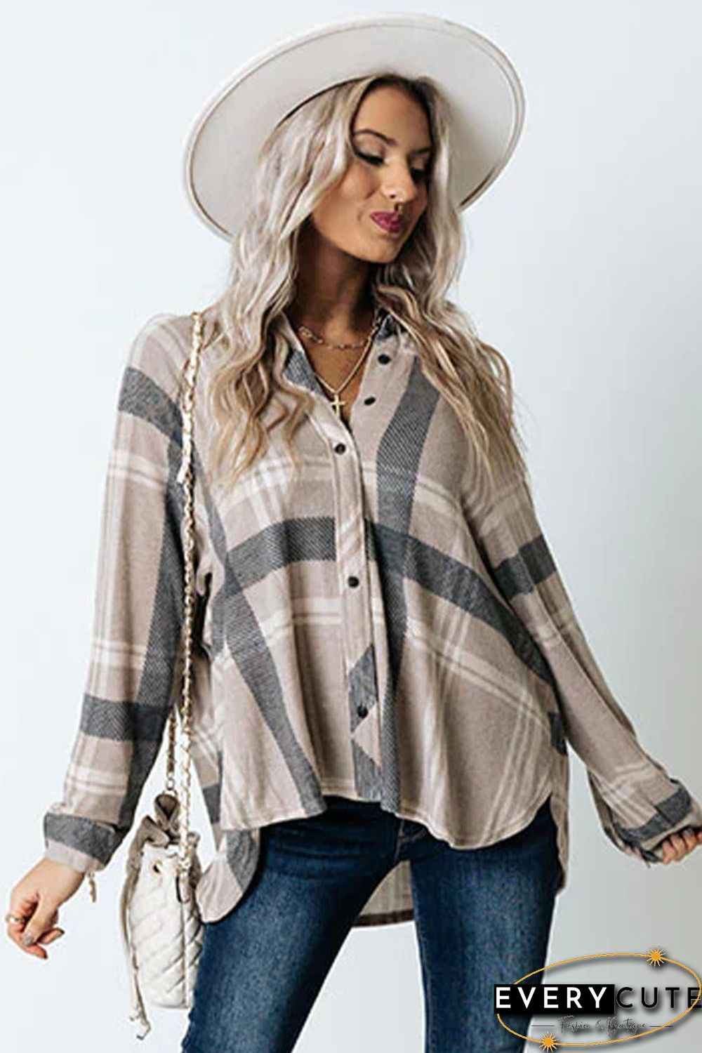 Khaki High Low Brushed Plaid Oversize Shirt