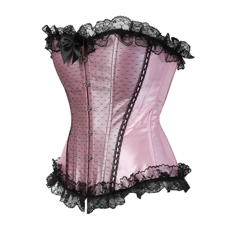 Billionm Pink Corset Top Bustier with Lace Up Trim Satin Overbust Costumes Ladies Shaper Victorian Floral Princess Red