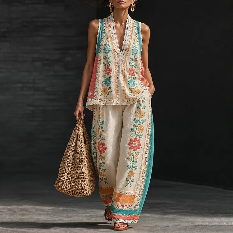 Women's Vintage Floral Print Sleeveless Casual Set