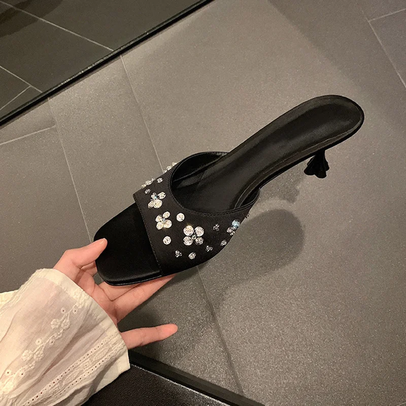 Churchf Churchf Square Head One Word With High Heels Petals Rhinestone Satin Kitten And Cool Slippers Female Summer Outside Wear