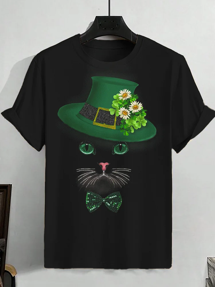 Men's Black Cat With Clover Floral Hat Print St Patrick's Day Tee