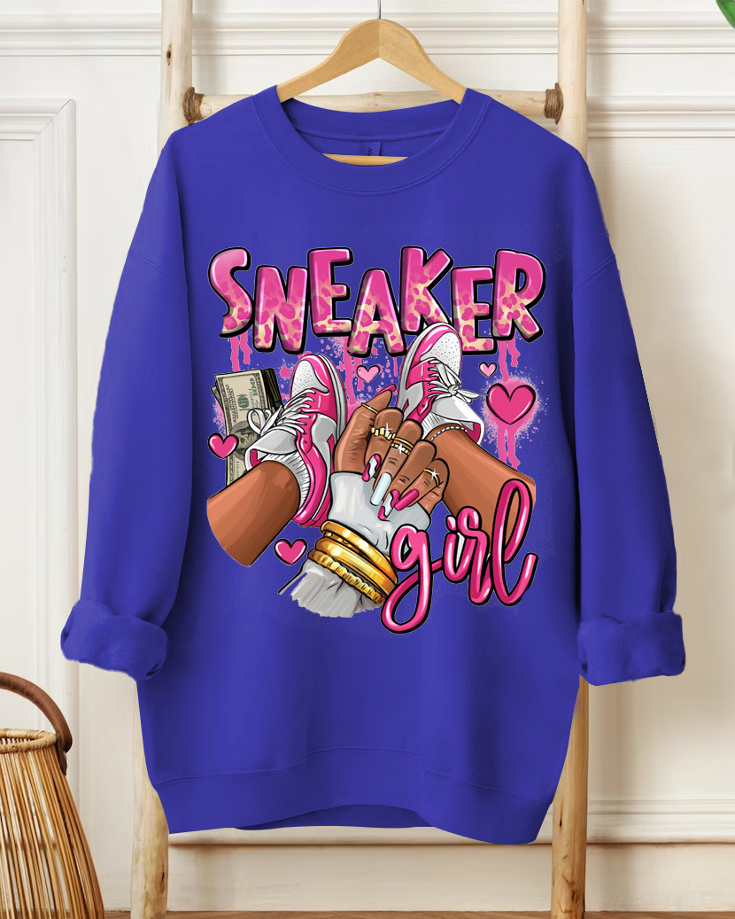 Pink And White Sneaker Girl Printed Long-Sleeved Round-Neck Sweatshirt